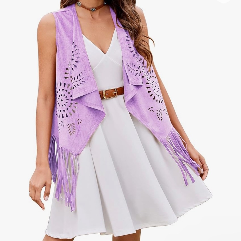 NWT Boutique Women’s Fringe Vest 77s Faux Suede Hollow Out Western/Cowgirl Vest